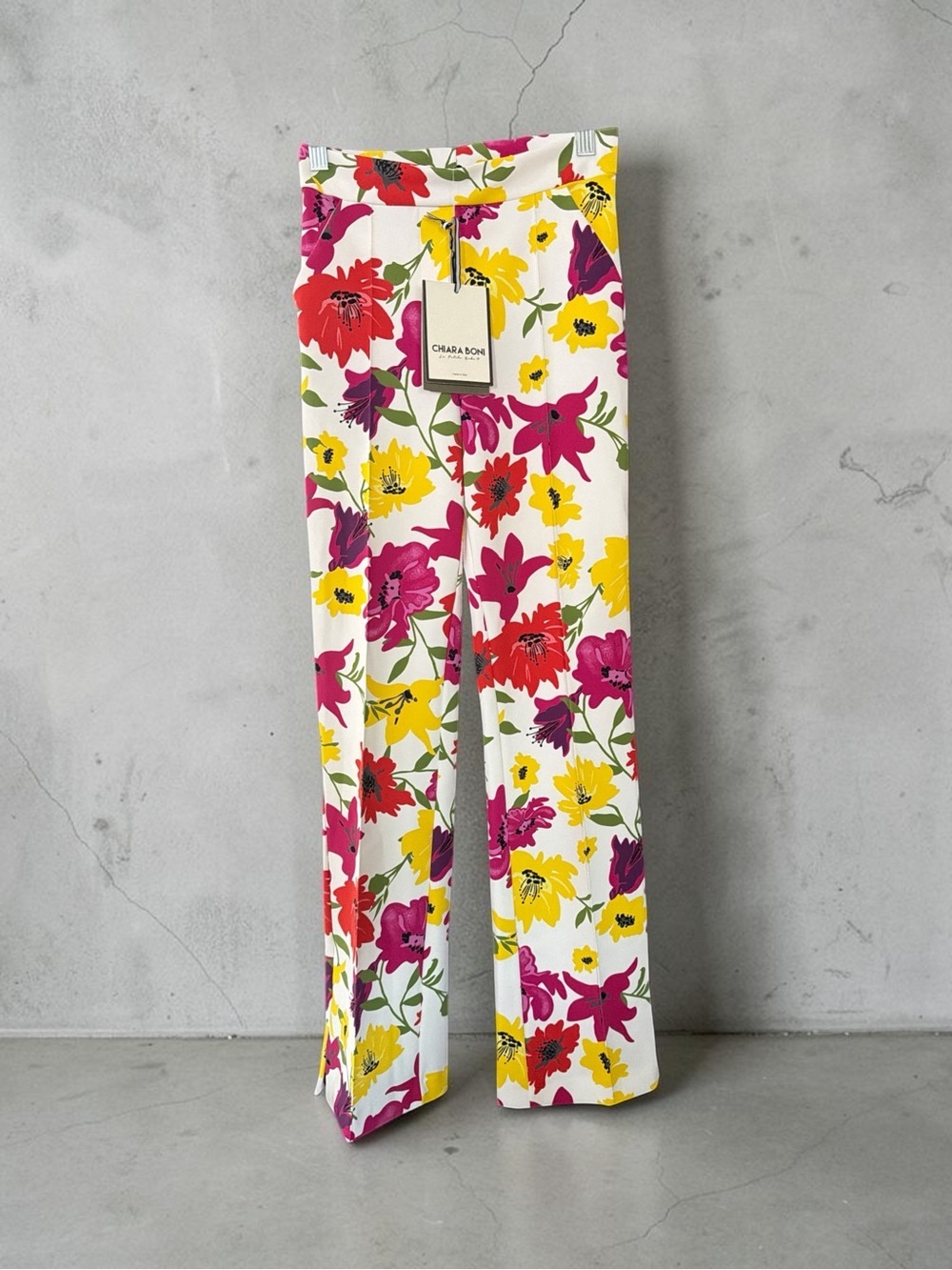 Chiara Boni White Floral Palazzo Pants with Yellow Pink Red Blooms